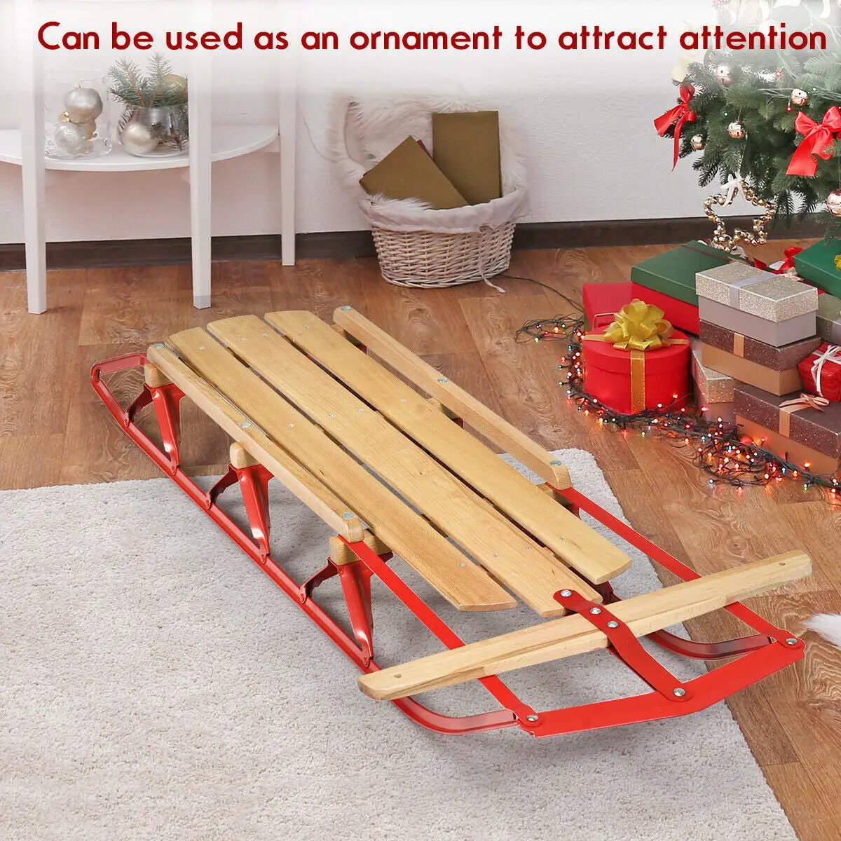 54 Inch Wood Snow Sled with Metal Runners and Steering Bar, photo 4 of 16