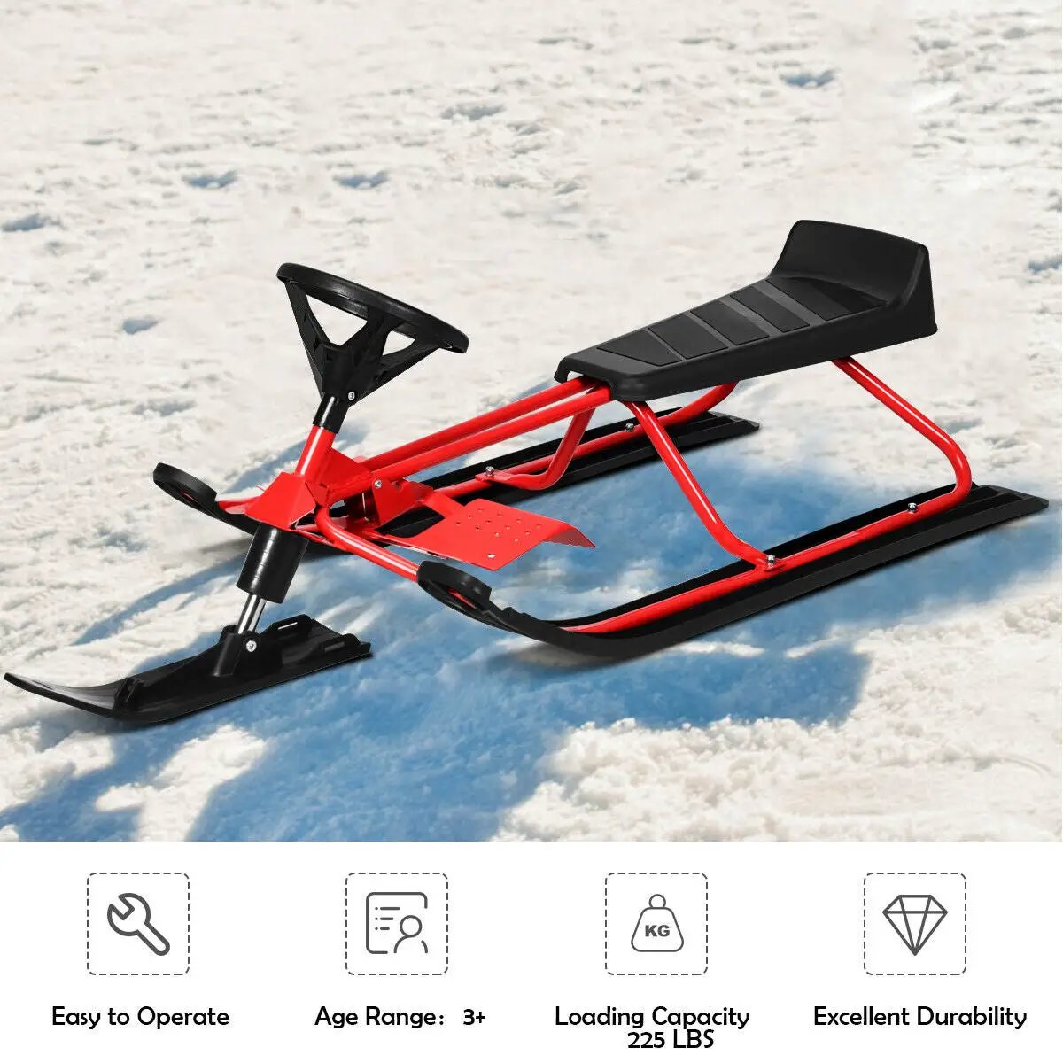 55.5 x 23.5 Inch Snow Sled with Steering Wheel and Double Brakes Pull Rope Slider by DirectDeals
