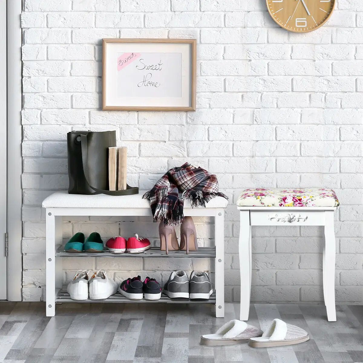Vanity Wood Dressing Stool Padded Piano Seat with Rose Cushion, photo 9 of 16