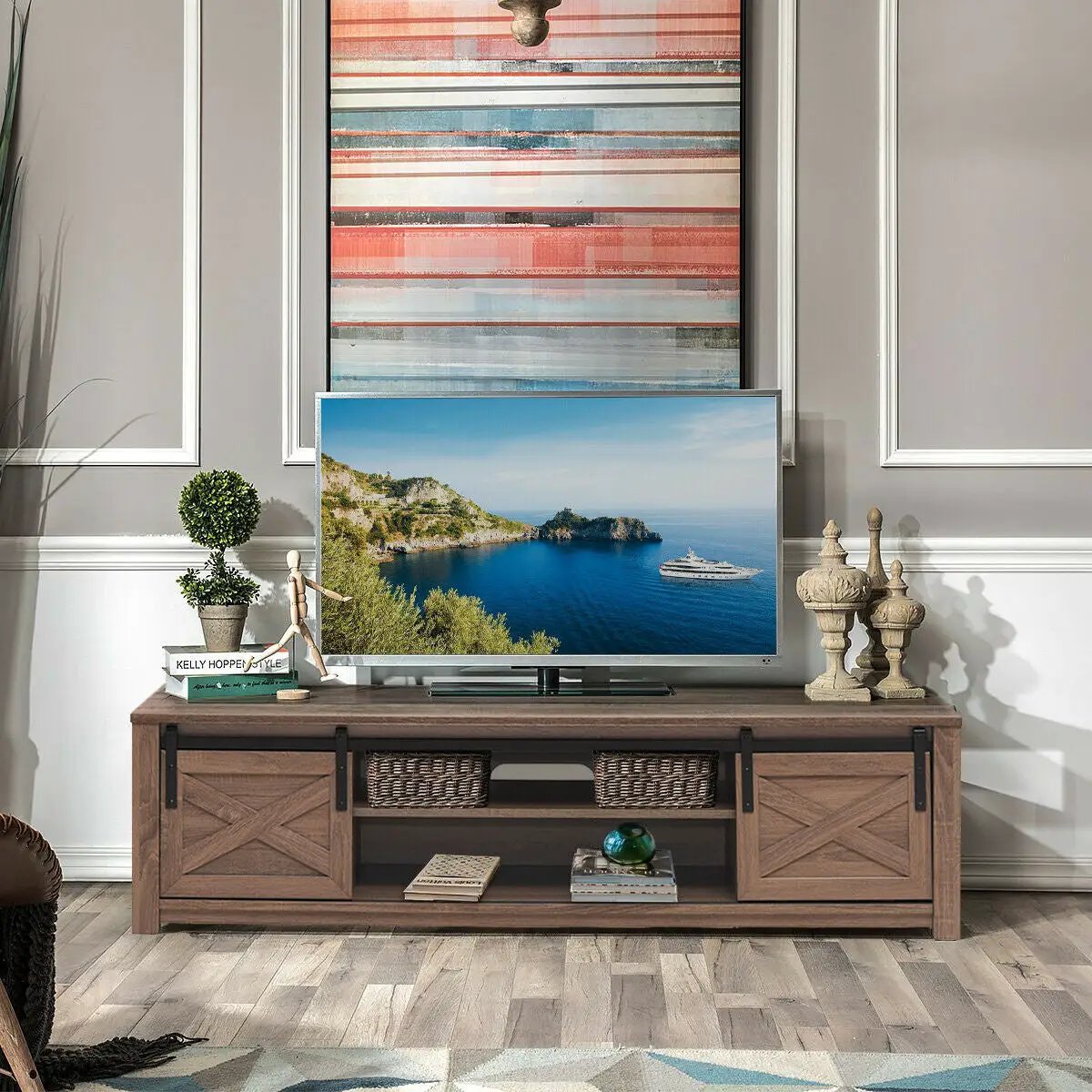 65 Inch Flat Sliding Barn Door TV Stand, photo 13 of 16