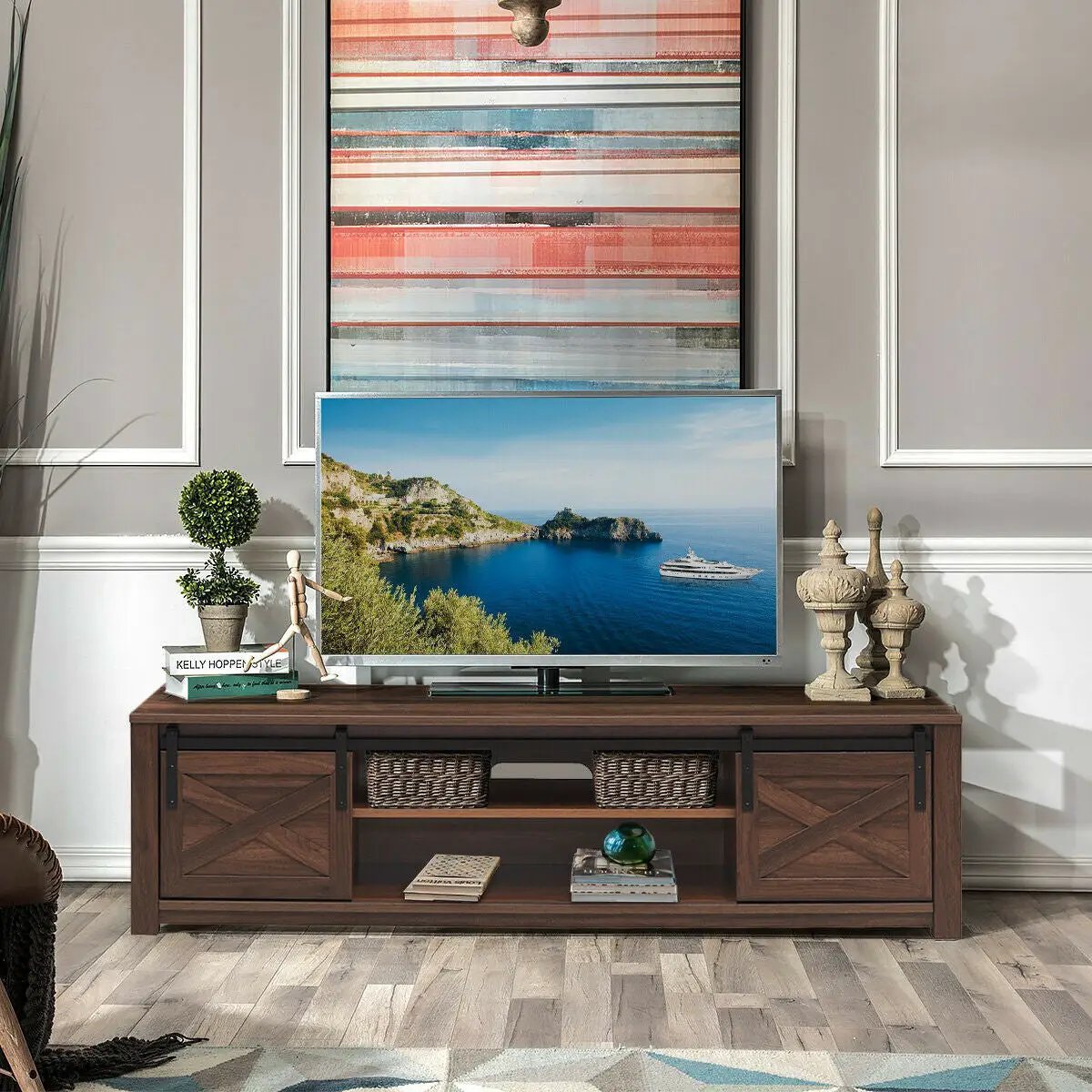 65 Inch Flat Sliding Barn Door TV Stand, photo 6 of 16