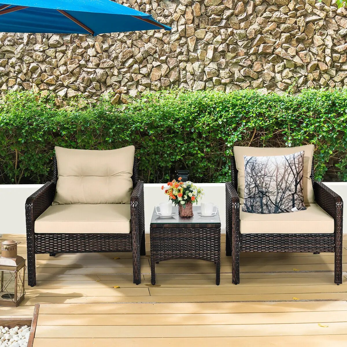 3 Pcs Outdoor Patio Rattan Conversation Set with Seat Cushions-Black by DirectDeals