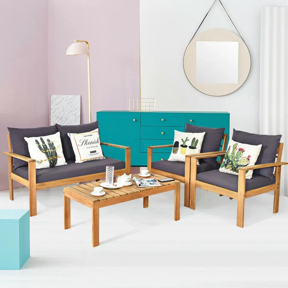 Outdoor 4 Pieces Acacia Wood Chat Set with Water Resistant Cushions, photo 7 of 11