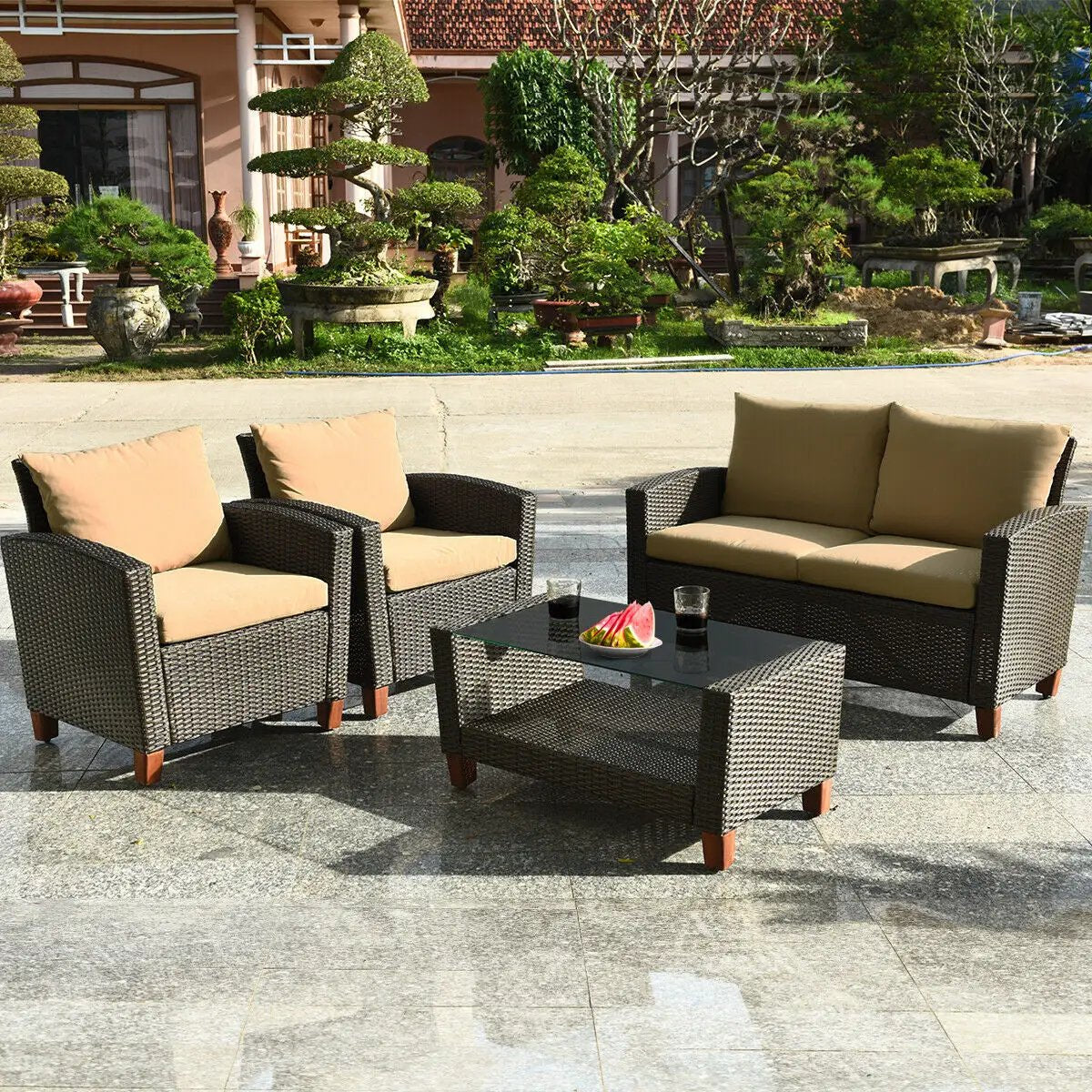 4 Pieces Patio Rattan Furniture Set with Cushions by DirectDeals