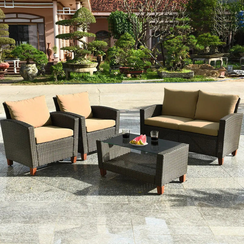 4 Pieces Patio Rattan Furniture Set with Cushions by DirectDeals