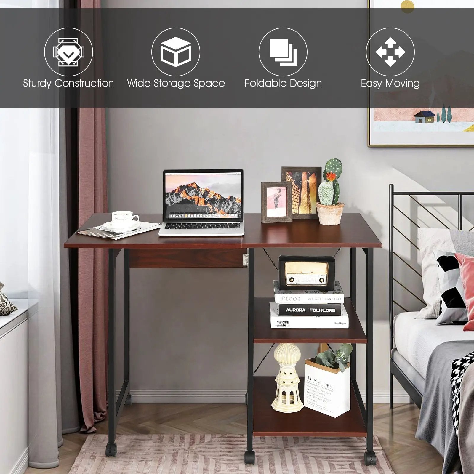 Rolling Folding Computer Desk with Storage Shelves by DirectDeals