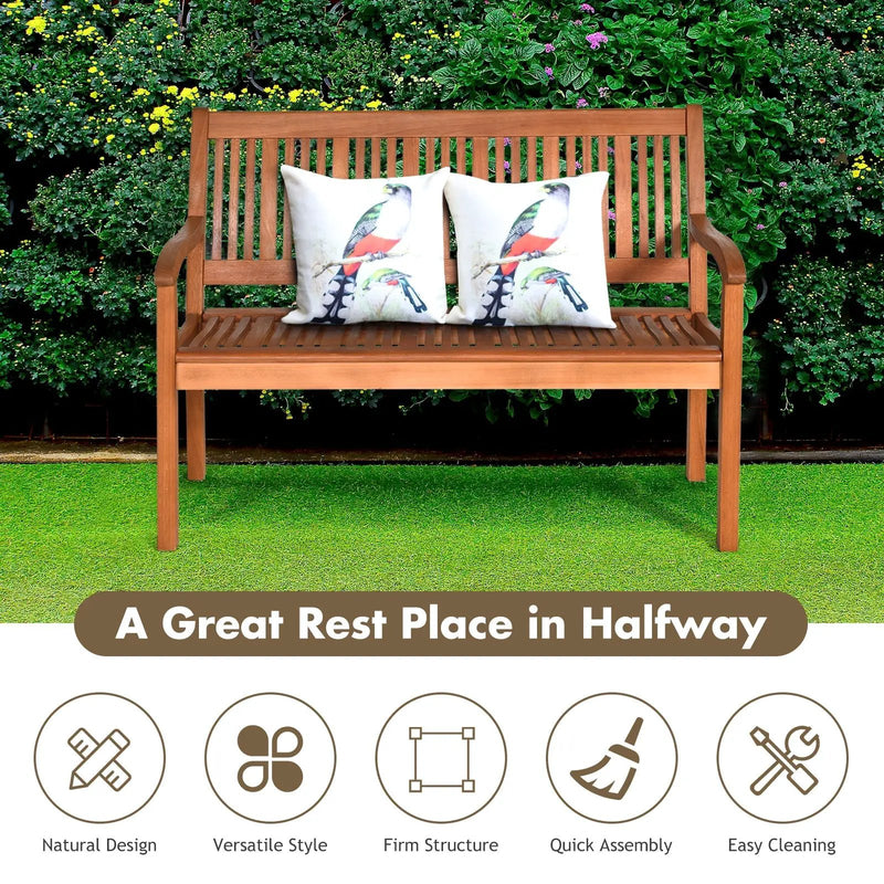 Two Person Solid Wood Garden Bench with Curved Backrest and Wide Armrest by DirectDeals