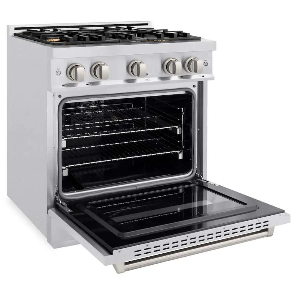 ZLINE 30" Dual Fuel Range, Gas Cooktop, Electric Convection Oven DuraSnow® Stainless Steel, Brass Burners CDRS-BR-30 by Farmhouse Kitchen and Bath