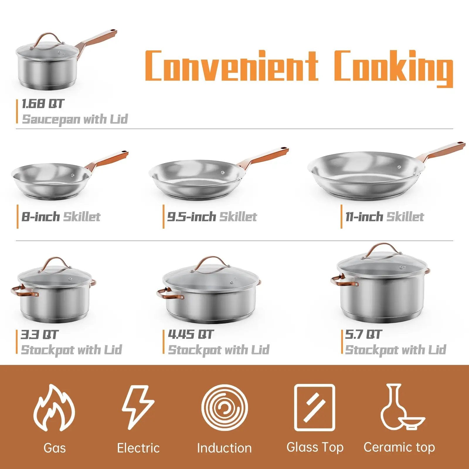 11 Pieces Stainless Steel Kitchen Cookware Set with Gold Stay-Cool Handles by DirectDeals