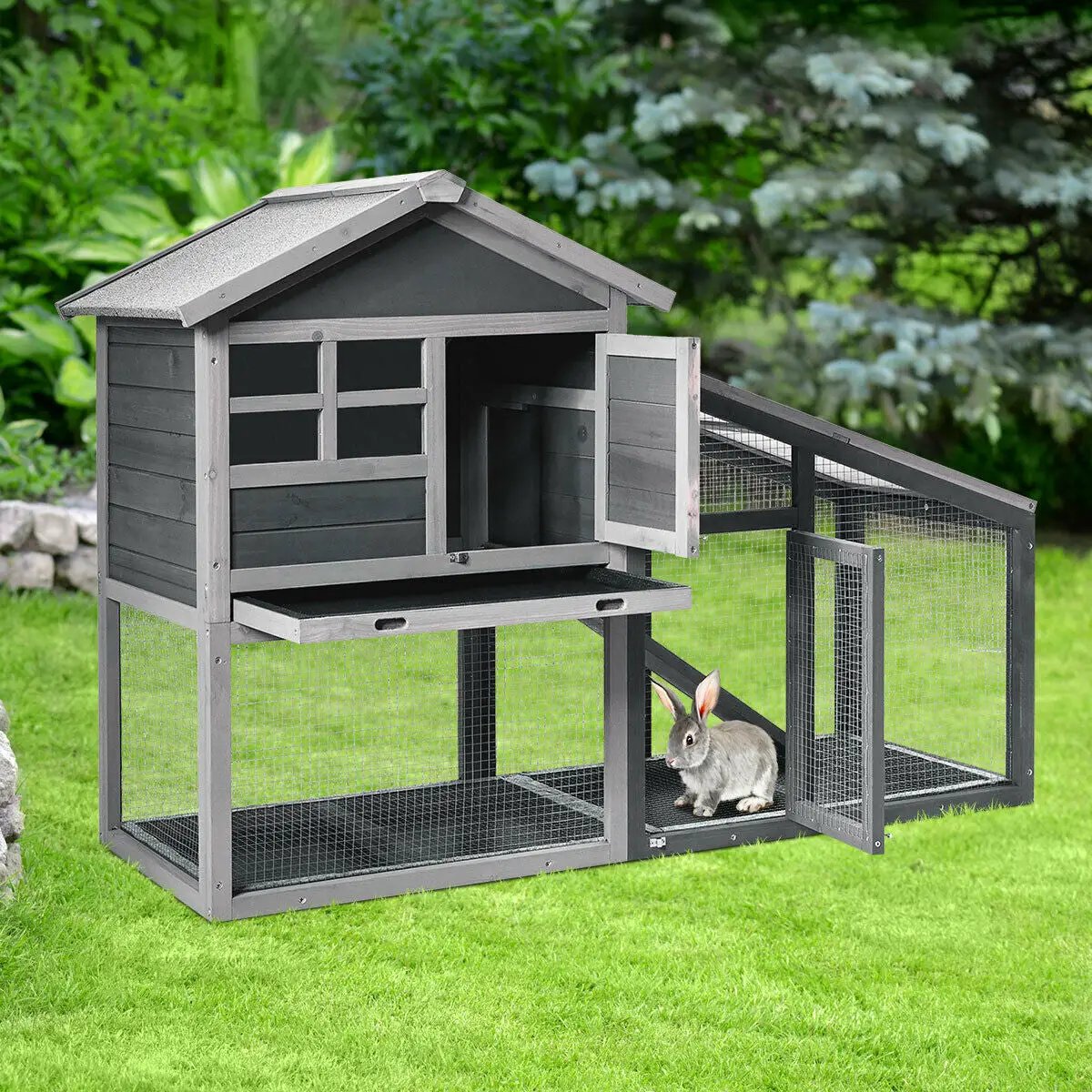 Wooden 56.5 Inch Length Rabbit Hutch with Pull out Tray and Ramp by DirectDeals
