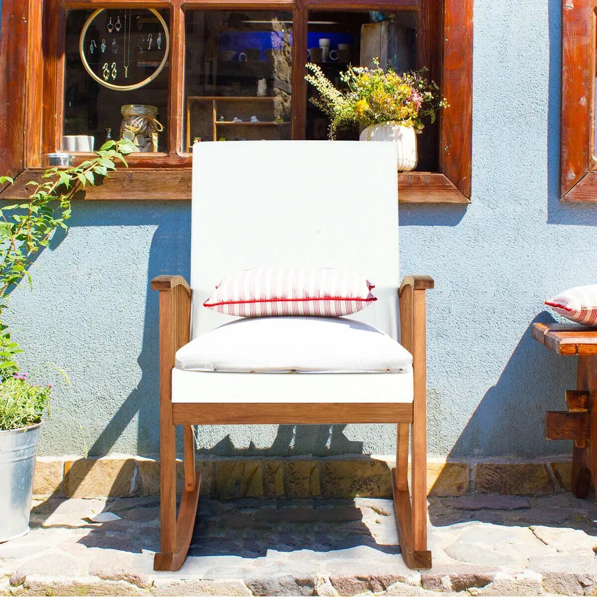Outdoor Acacia Wood Rocking Chair with Detachable Washable Cushions by DirectDeals