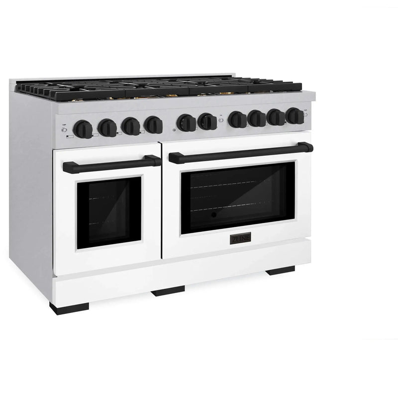 ZLINE 48"Paramount Dual Fuel Range DuraSnow® White Matte, Matte Black SDRSZ-WM-48-MB by Farmhouse Kitchen and Bath