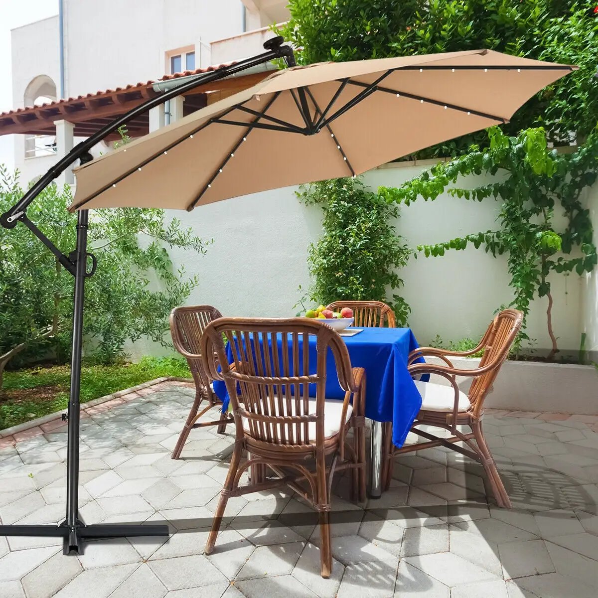 10 Feet 360° Rotation Solar Powered LED Patio Offset Umbrella without Weight Base-Gray by DirectDeals