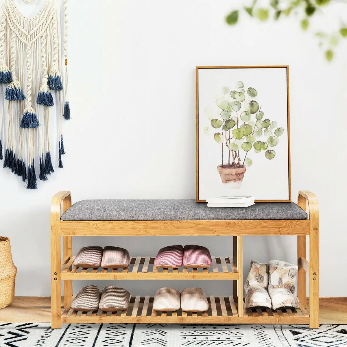 3-Tier Bamboo Shoe Rack Bench with Cushion-Natural by DirectDeals