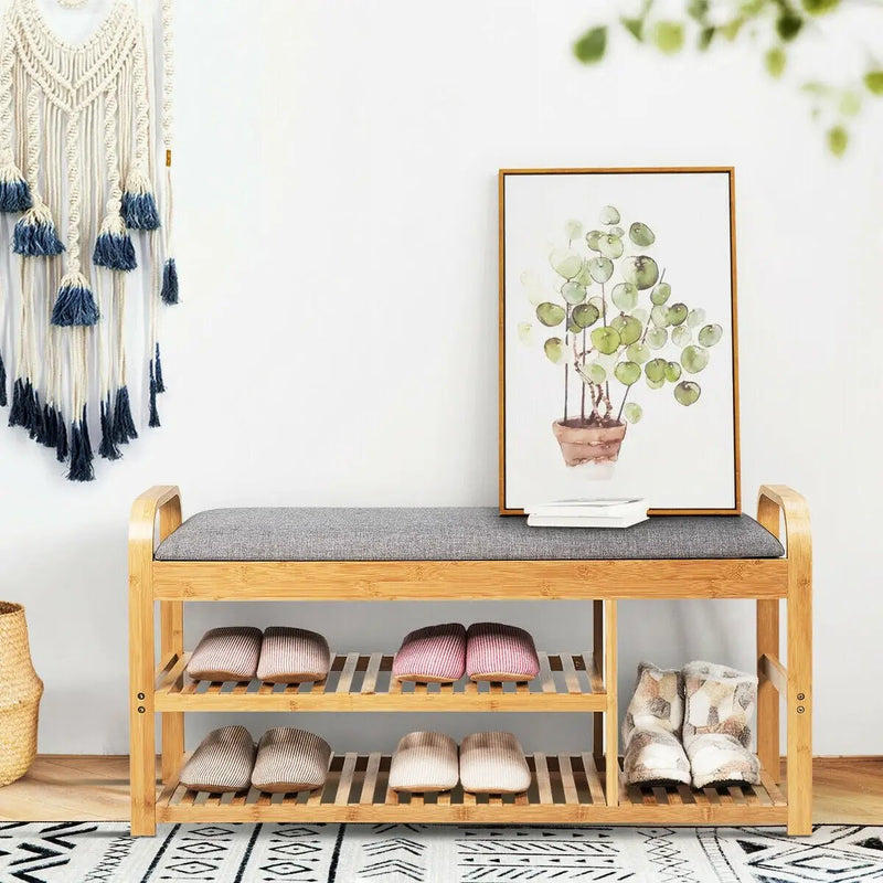 3-Tier Bamboo Shoe Rack Bench with Cushion-Natural by DirectDeals
