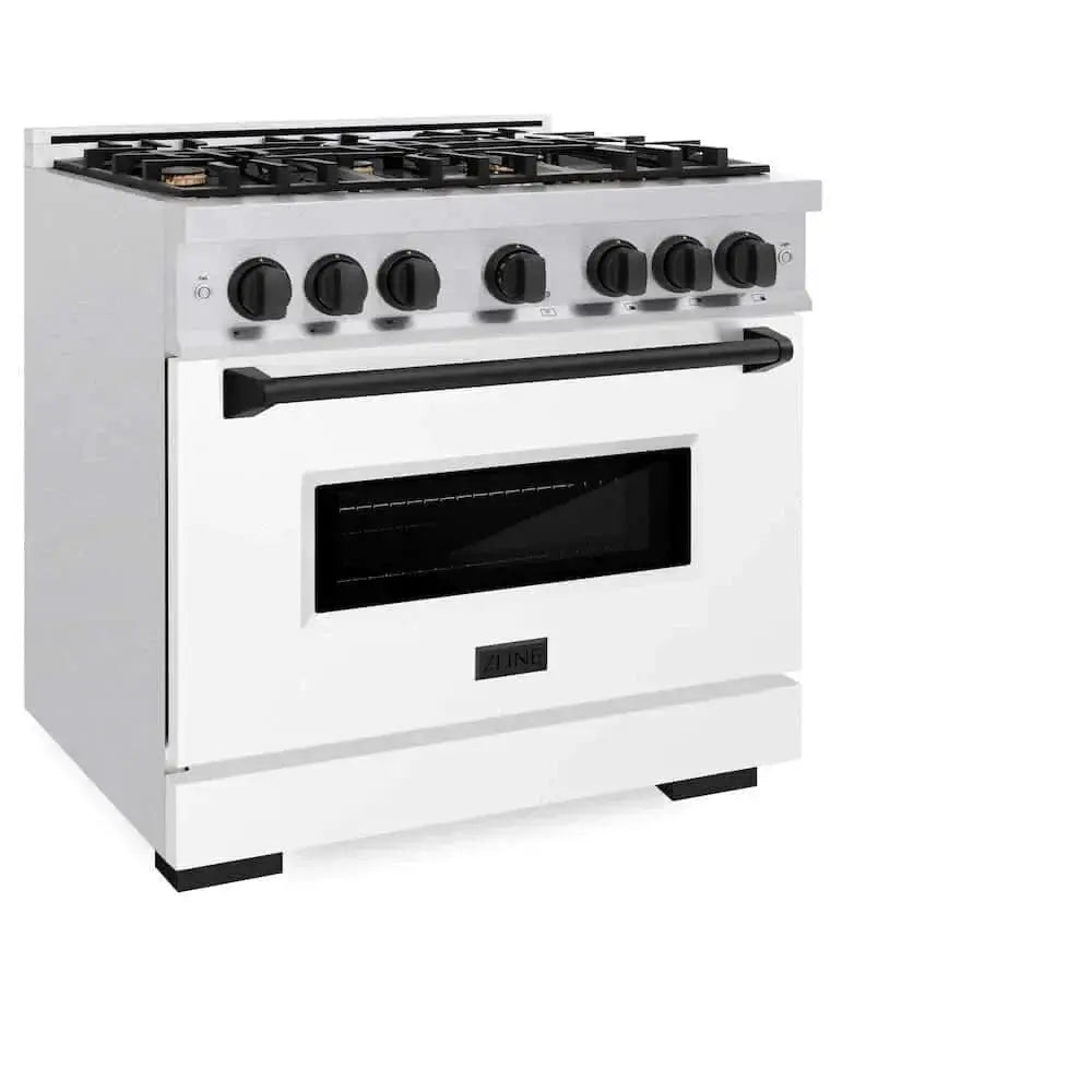 ZLINE 36" Dual Fuel Range, Gas Cooktop, Electric Convection Oven DuraSnow® Stainless Steel, White Matte Door Matte Black CDRSZ-WM-36-MB by Farmhouse Kitchen and Bath