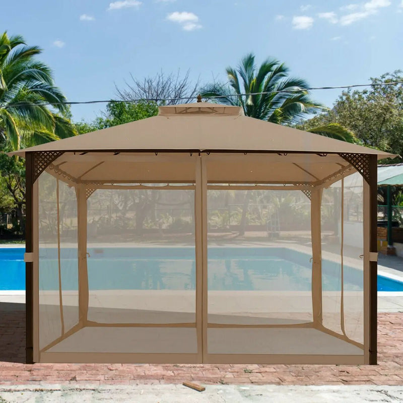 12 x 10 Feet Outdoor Double Top Patio Gazebo with Netting-Brown by DirectDeals