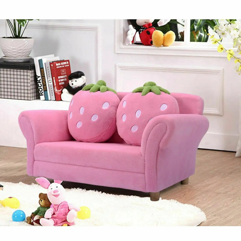 Kids Strawberry Armrest Chair Sofa with 2 Cute Strawberry Pillows-Pink by DirectDeals