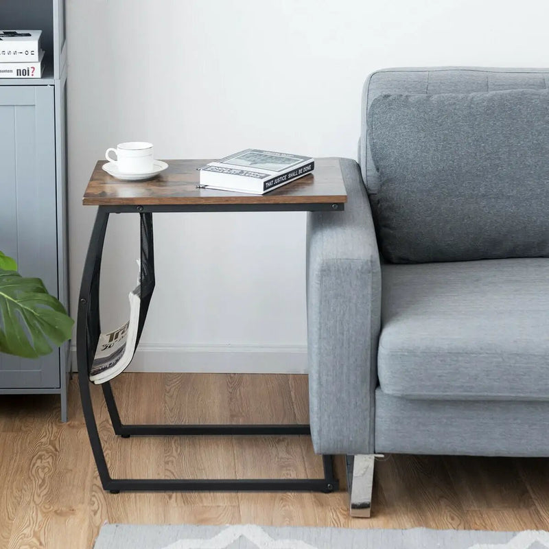 C-shaped Vintage End Table with Side Pocket and Metal Frame by DirectDeals