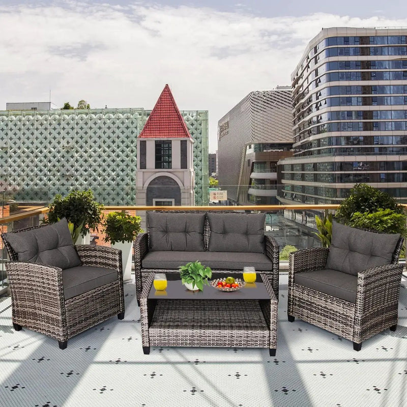 4 Pieces Patio Rattan Furniture Set Coffee Table Cushioned Sofa-Gray by DirectDeals