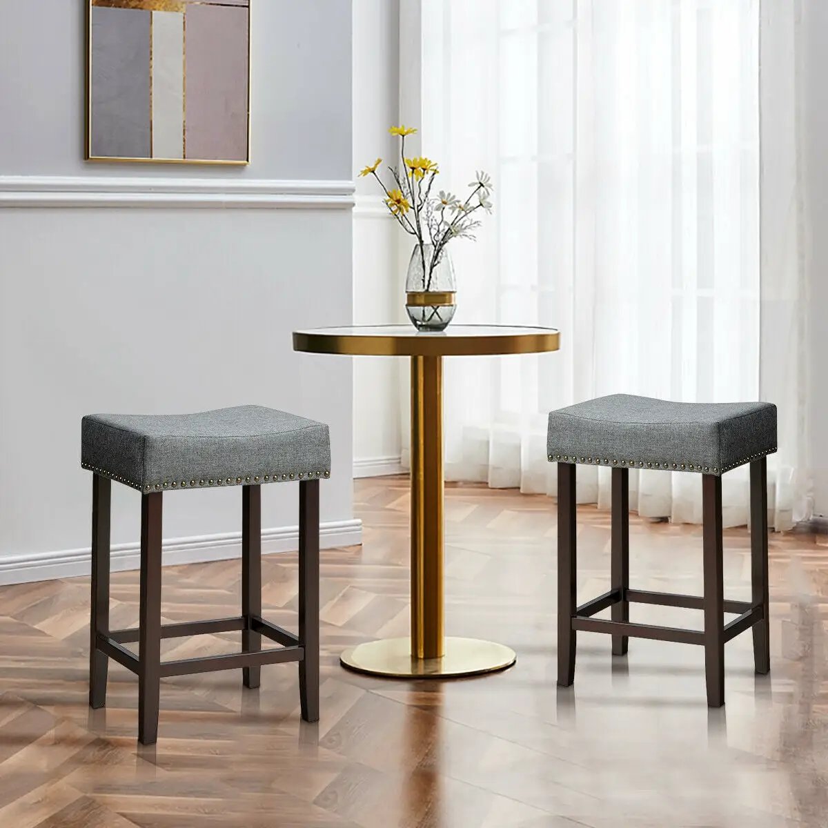 Set of 2 Nailhead Saddle Bar Stools 24 Inch Height by DirectDeals