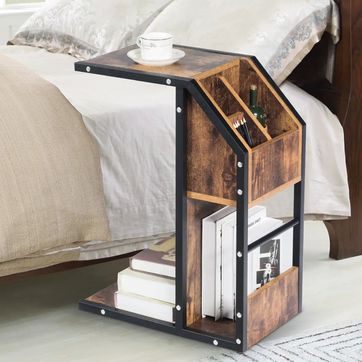 Industrial C-Shape Snack End Table with Storage Space by DirectDeals