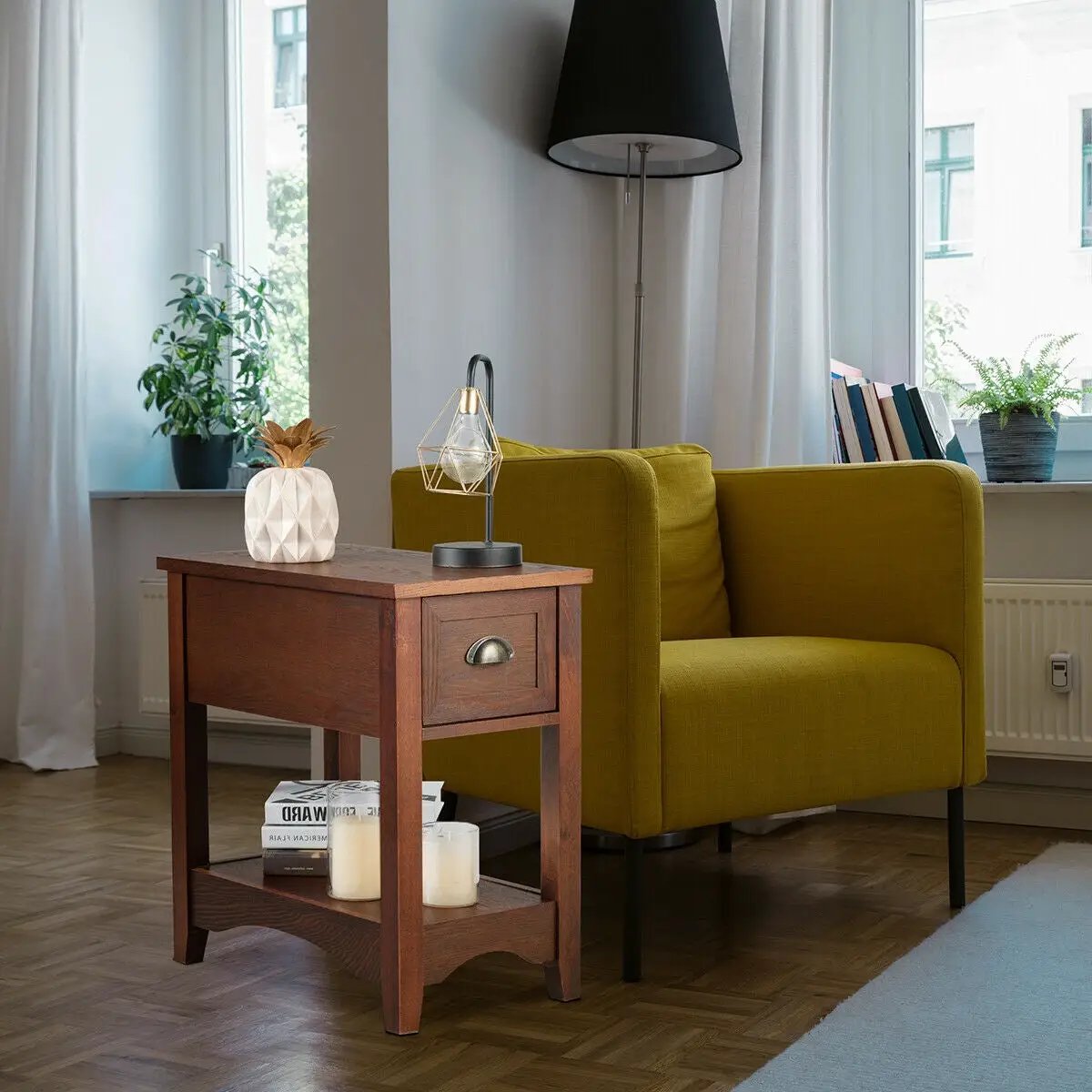 2 Pieces Retro Narrow Tiered End Table with Drawer and Storing Shelf, photo 6 of 10