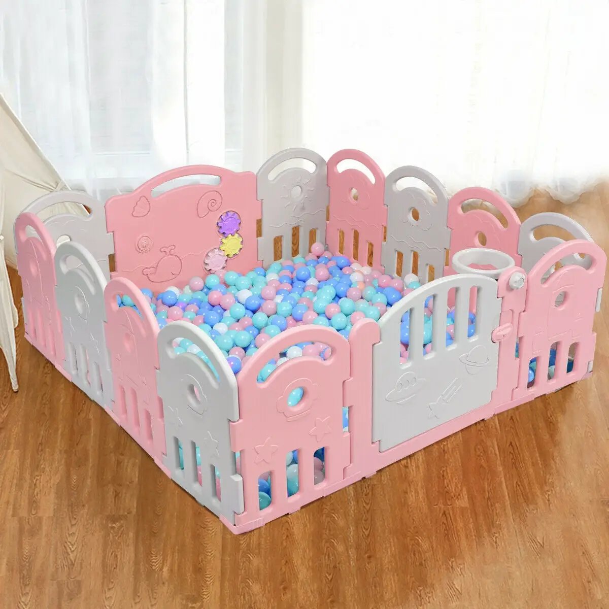 14-Panel Baby Playpen with Music Box & Basketball Hoop-Pink by DirectDeals
