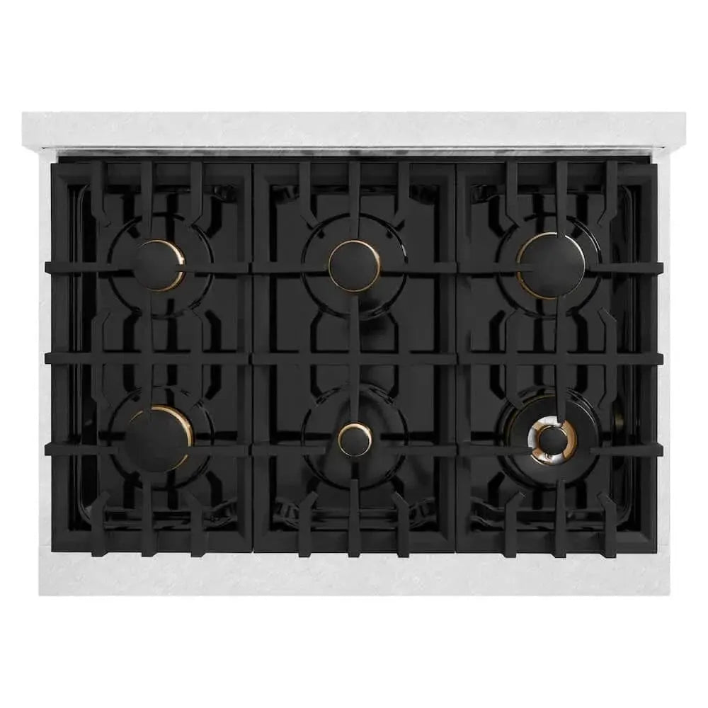 ZLINE 36" Dual Fuel Range, Gas Cooktop, Electric Convection Oven DuraSnow® Stainless Steel, Brass Burners CDRS-BR-36 by Farmhouse Kitchen and Bath