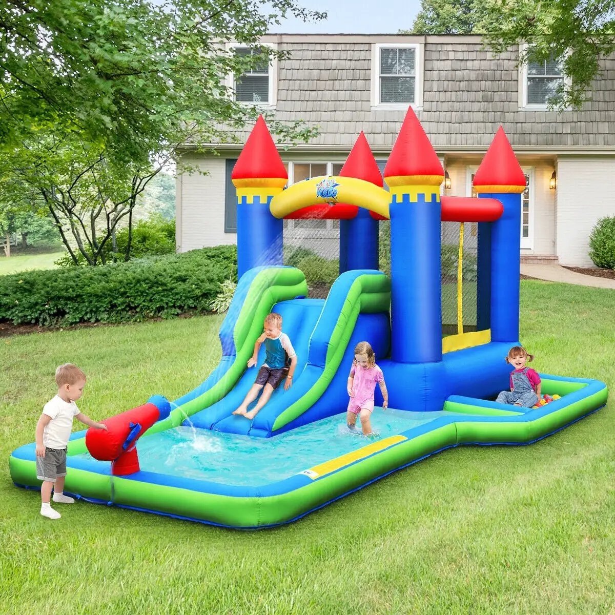 Inflatable Bounce House Castle Water Slide with Climbing Wall and 580W Blower by DirectDeals