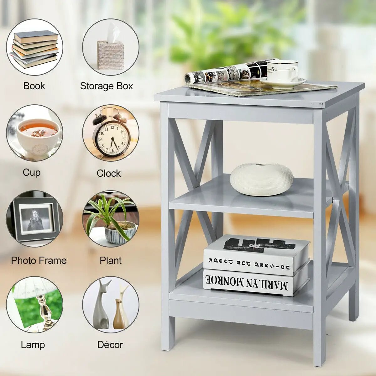 3-Tier Nightstand End Table with X Design Storage, photo 13 of 16