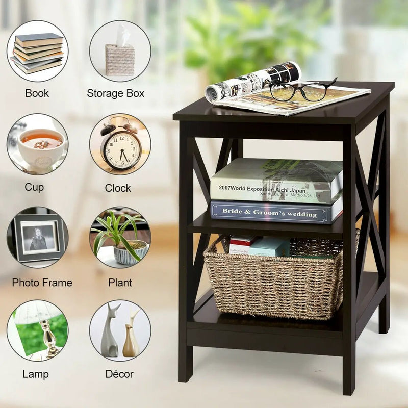 3-Tier Nightstand End Table with X Design Storage by DirectDeals