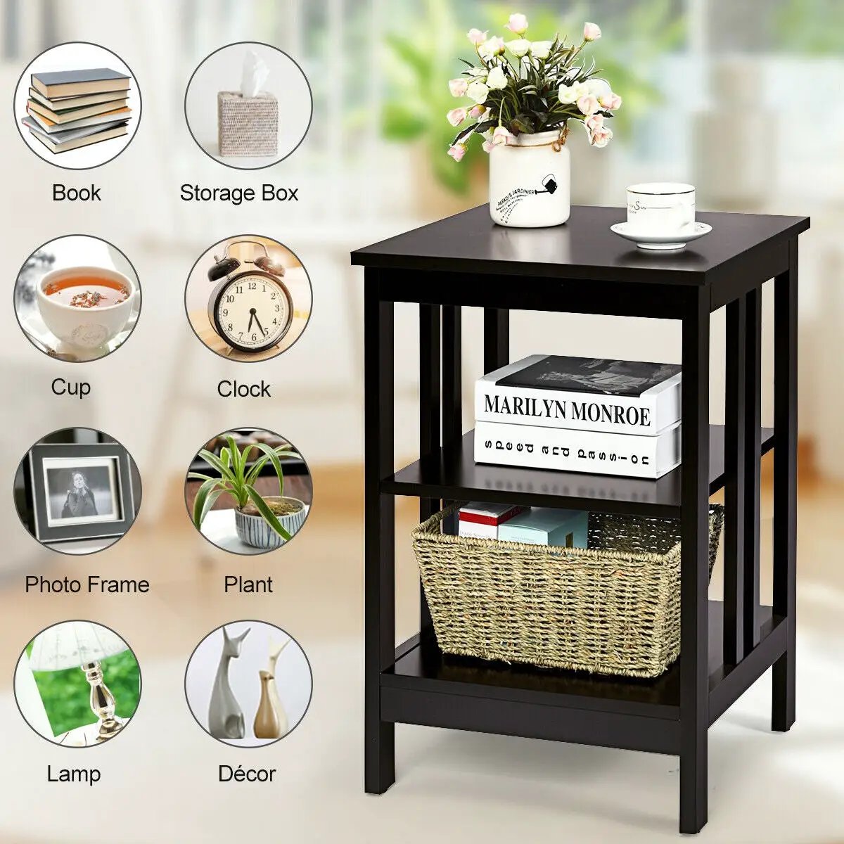 3-Tier Nightstand Sofa Side Table with Baffles and Round Corners by DirectDeals