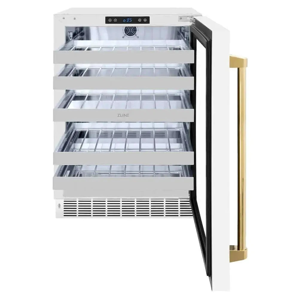 ZLINE 24" Touchstone Dual Zone 44 Bottle Wine Cooler White Matte Glass Door Polished Gold Handle RWDOZ-WM-24-G by Farmhouse Kitchen and Bath