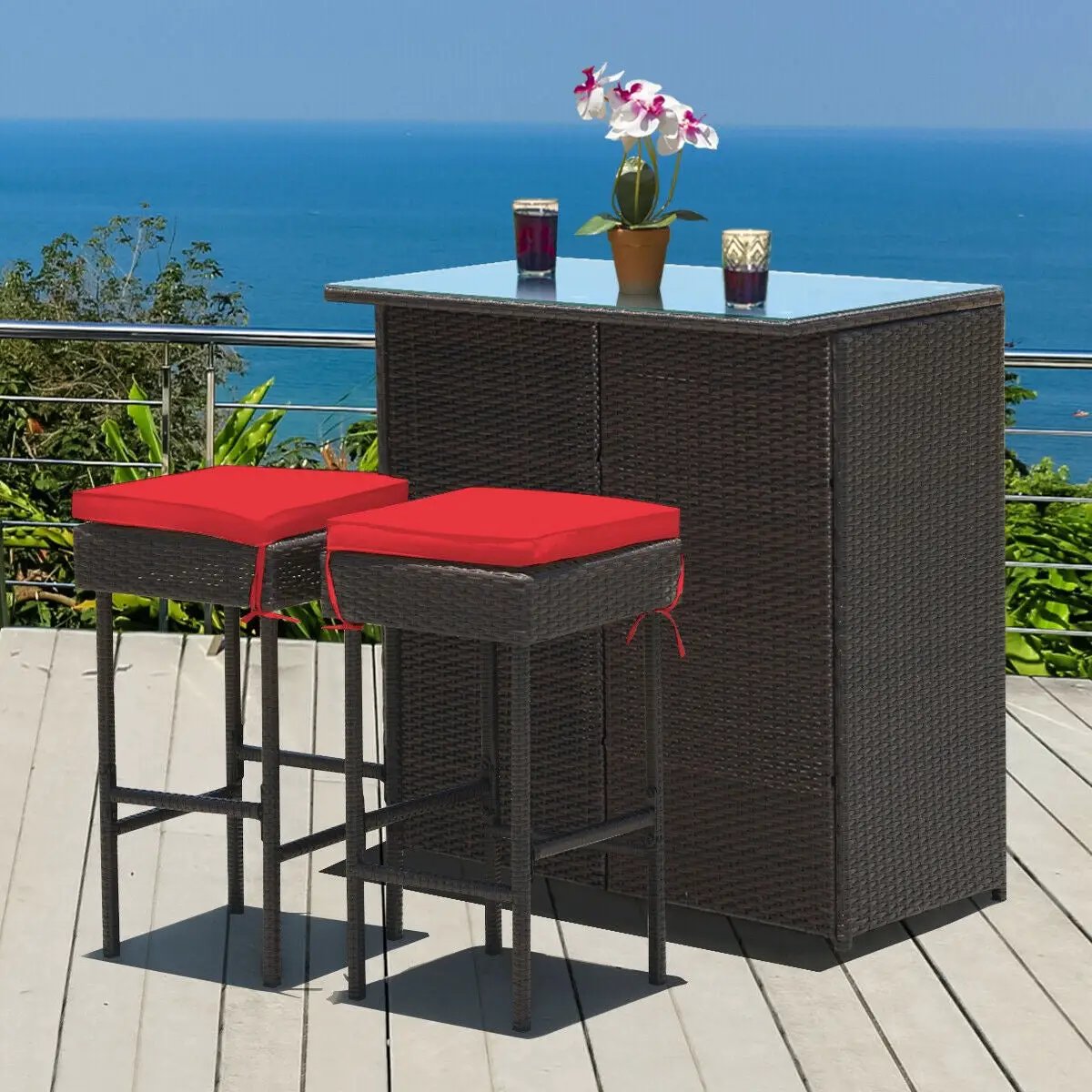 3PCS Patio Rattan Wicker Bar Table Stools Dining Set-Turquoise by DirectDeals