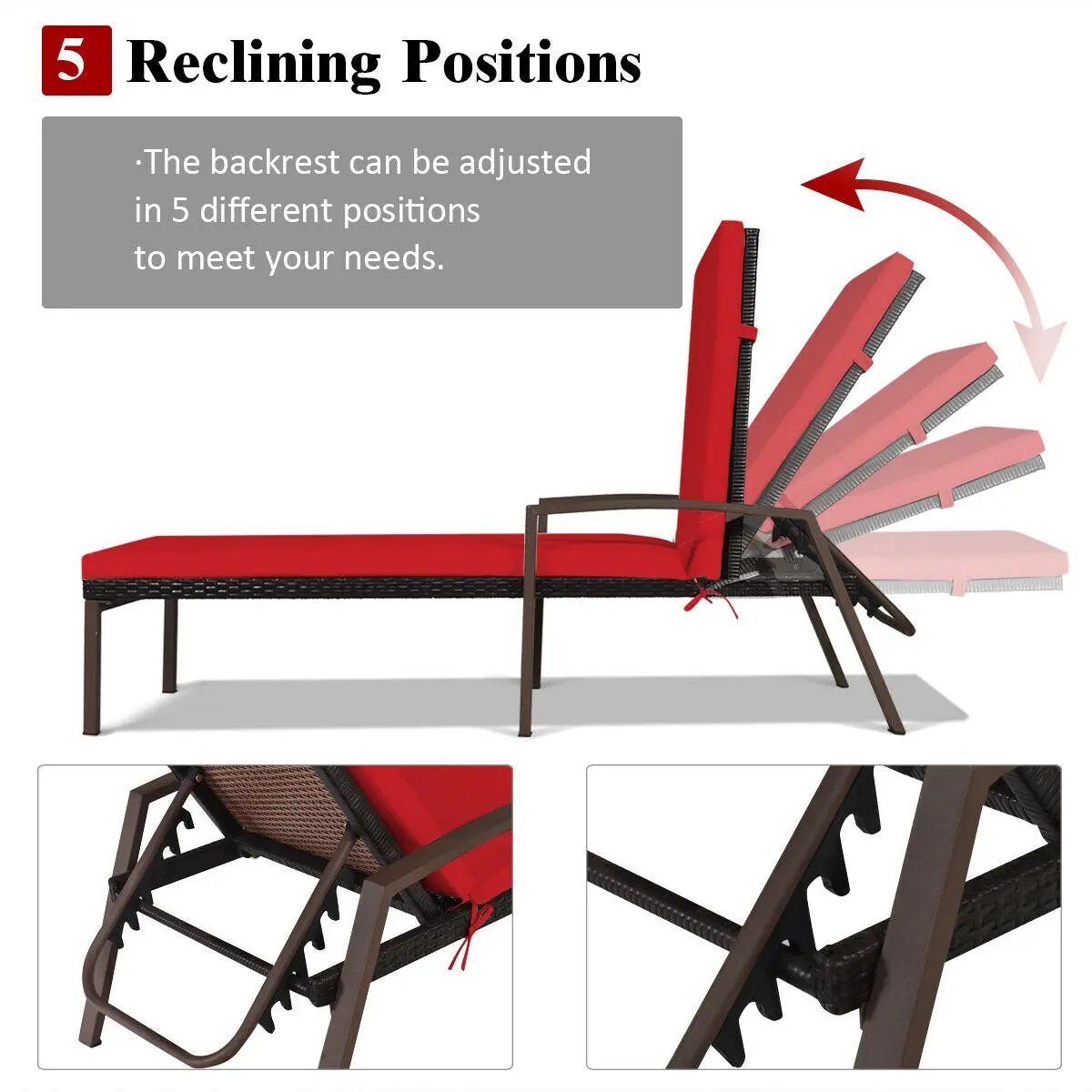 Patio Rattan Lounge Chaise Recliner with Back Adjustable Cushioned, photo 6 of 10