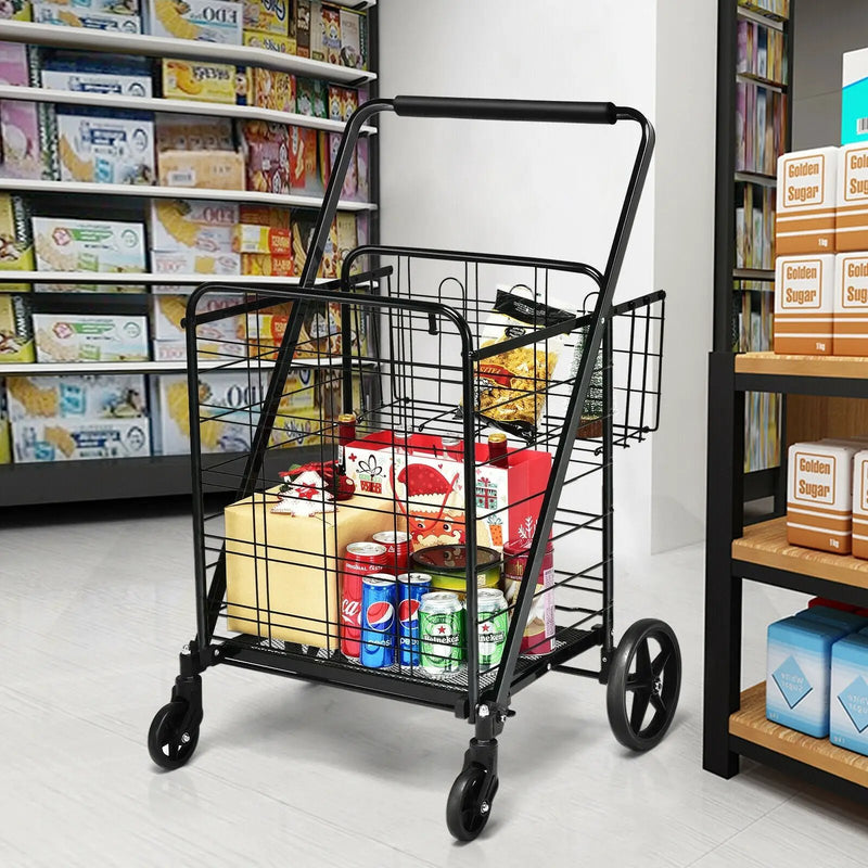 Heavy Duty Folding Utility Shopping Double Cart-Black by DirectDeals
