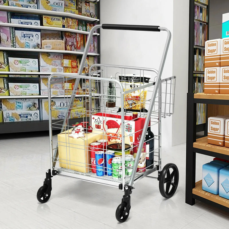 Heavy Duty Folding Utility Shopping Double Cart-Silver by DirectDeals