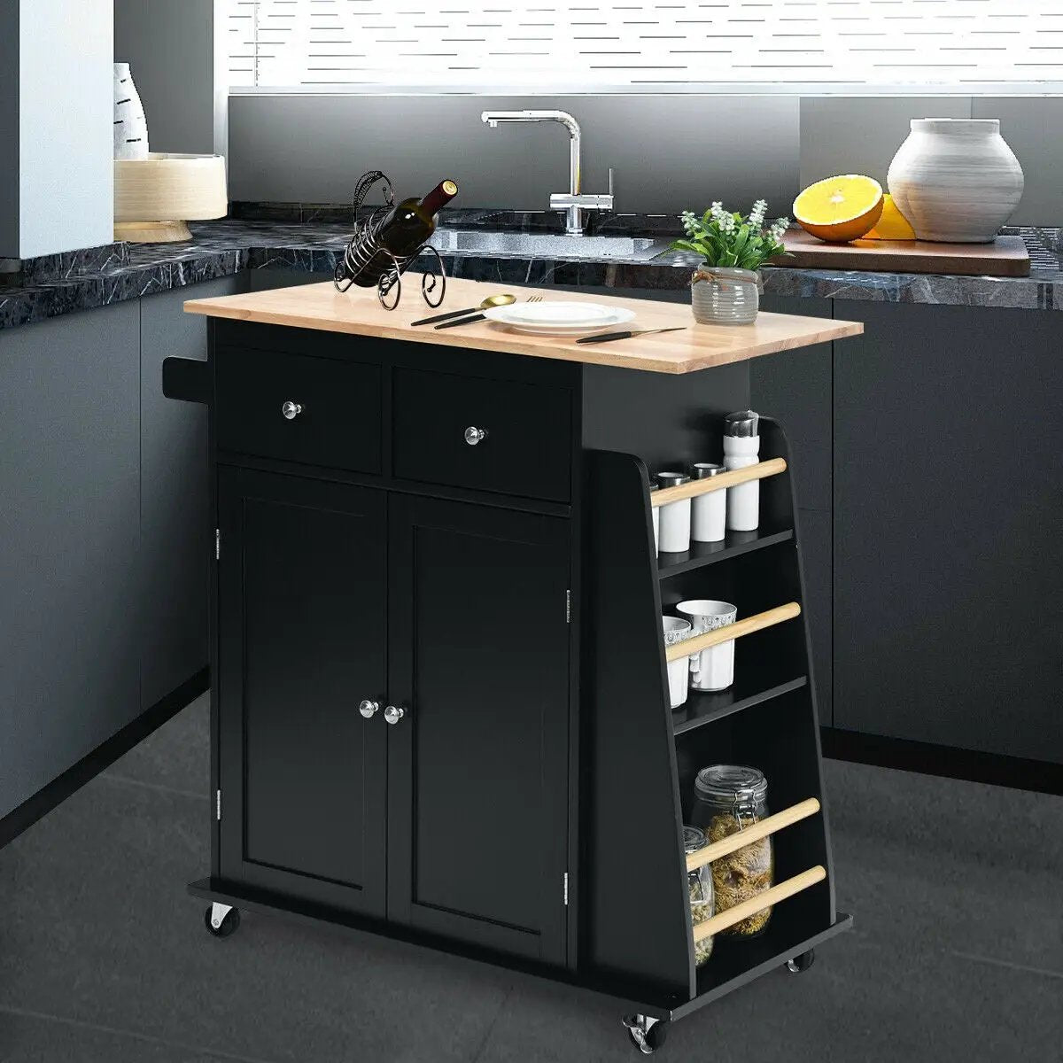 Rubber Wood Countertop Rolling Kitchen Island Cart