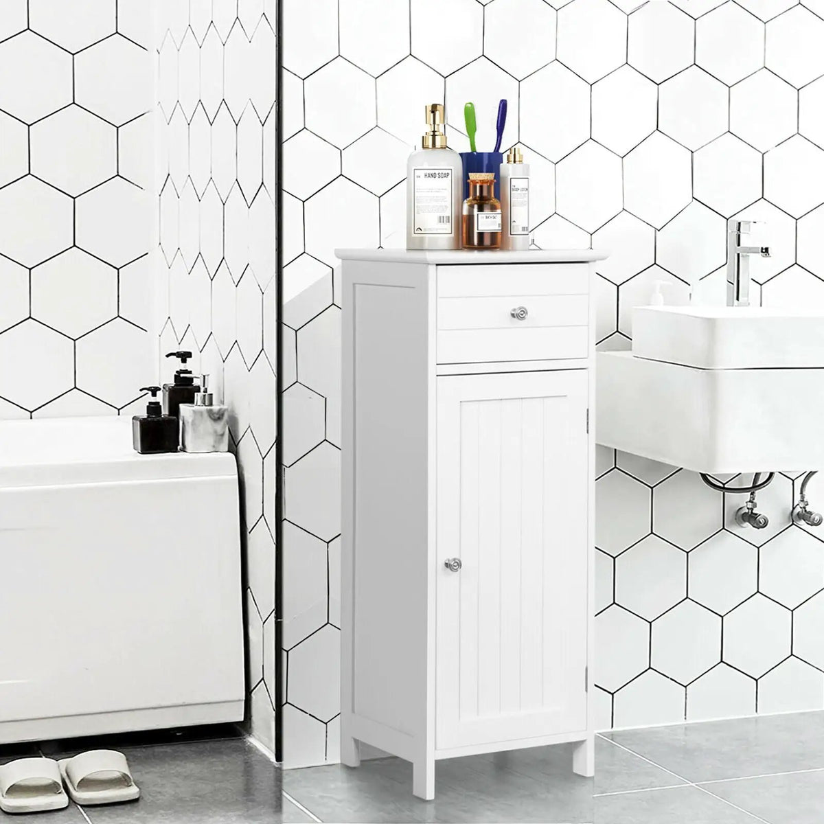 Wooden Bathroom Floor Storage Cabinet with Drawer and Shelf, photo 8 of 32