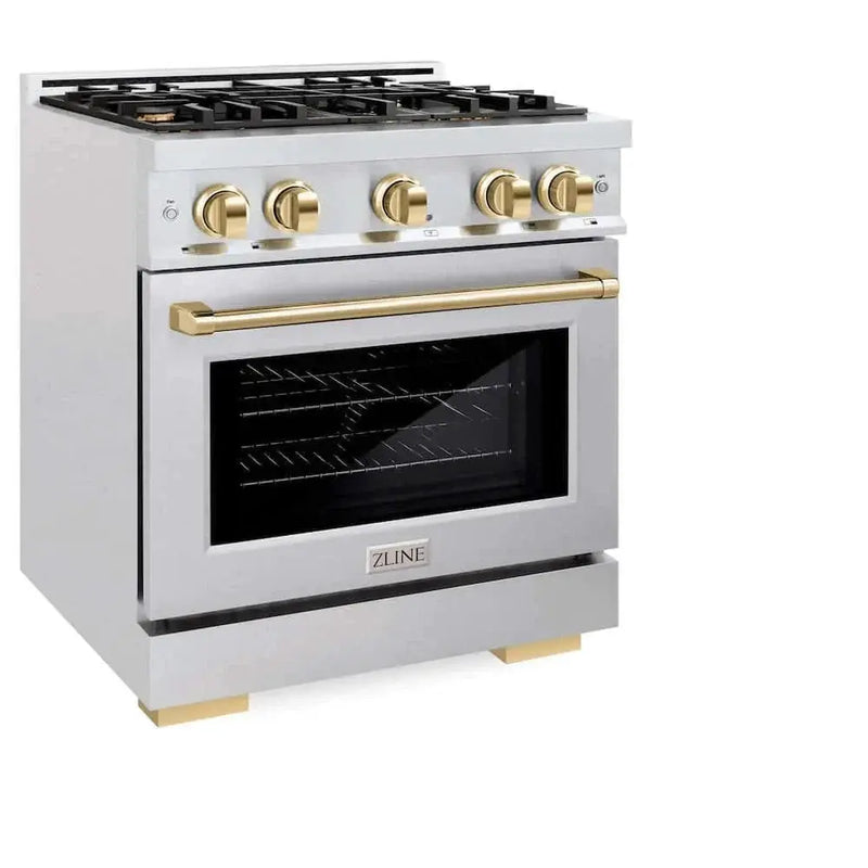 ZLINE 30" Select Dual Fuel Range Gas Cooktop Electric Convection Oven DuraSnow® Stainless Steel Gold HDRSZ-30-G by Farmhouse Kitchen and Bath