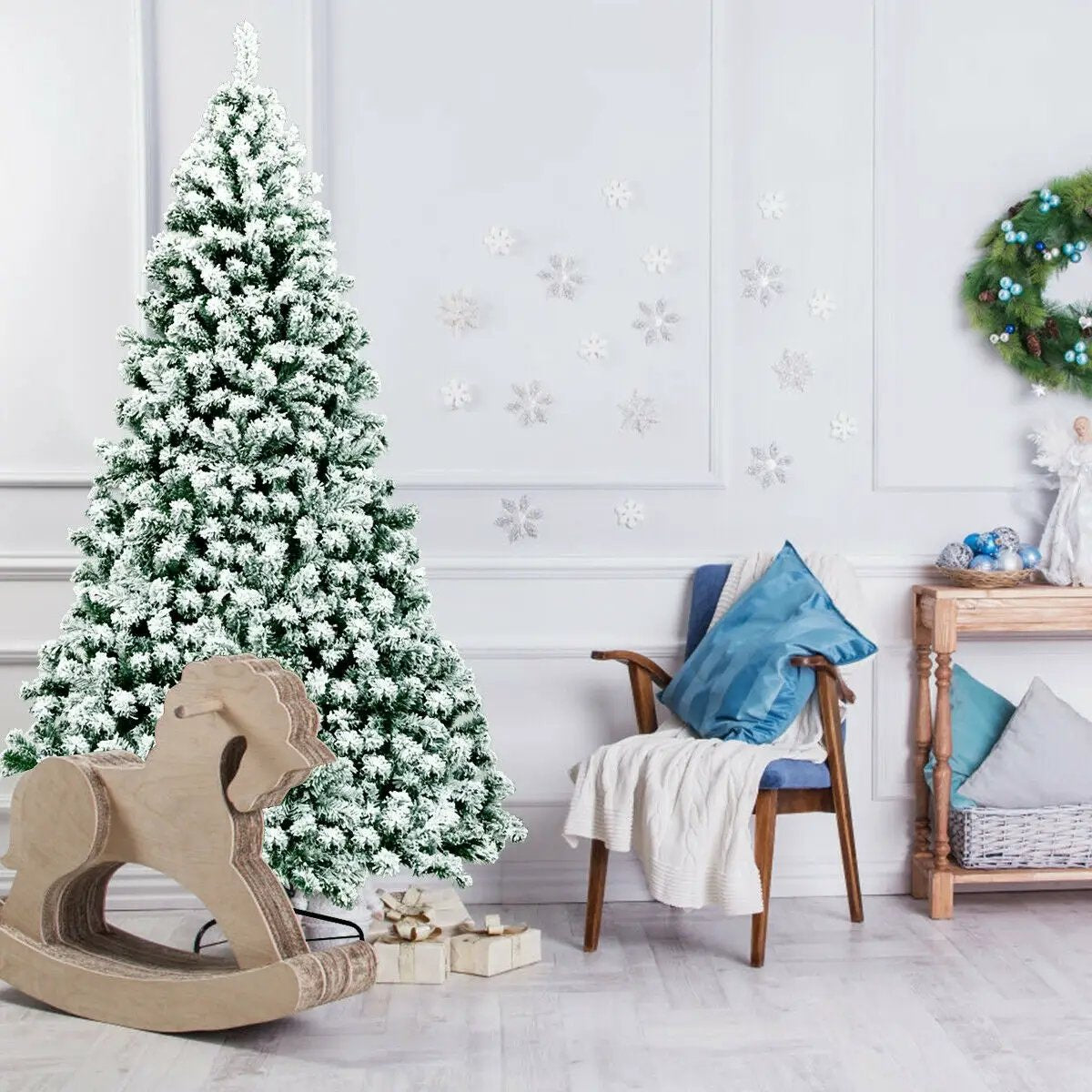 7.5 Feet Pre-Lit Premium Snow Flocked Hinged Artificial Christmas Tree with 550 Lights by DirectDeals