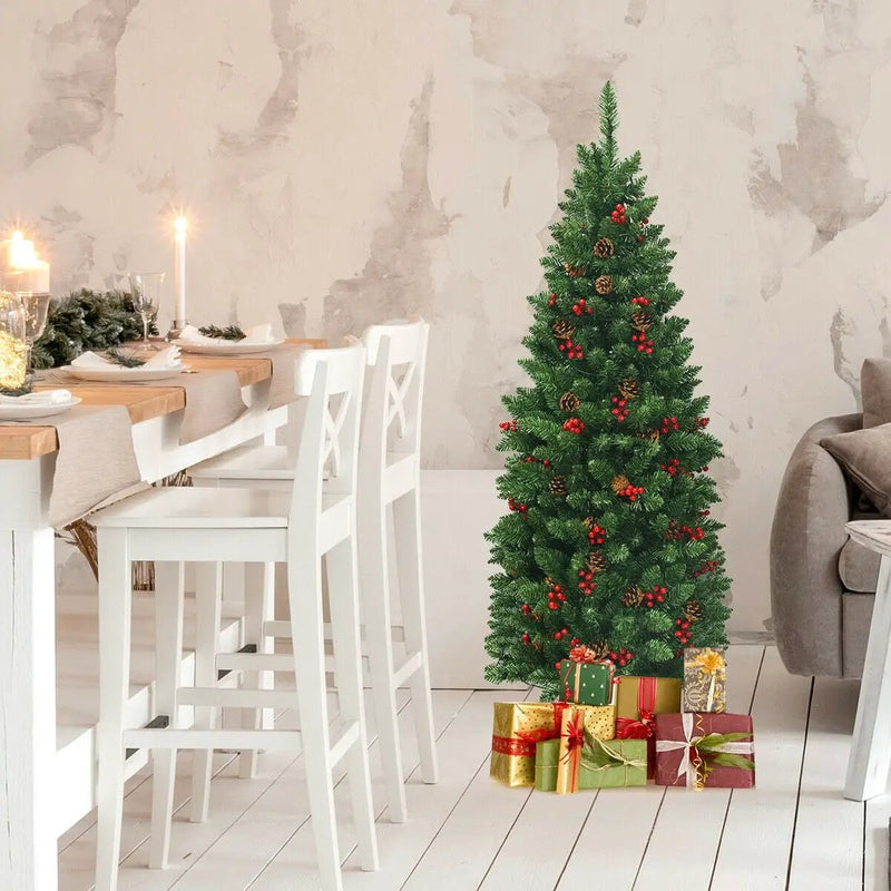 4.5 Feet Pre-lit Hinged Pencil Christmas Tree with Pine Cones Red Berries and 150 Lights by DirectDeals