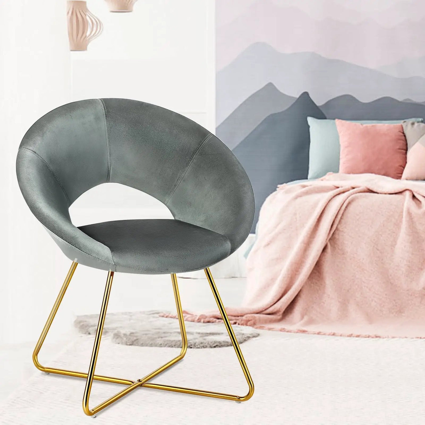 Modern Accent Velvet Dining Arm Chair with Golden Metal Legs and Soft Cushion by DirectDeals