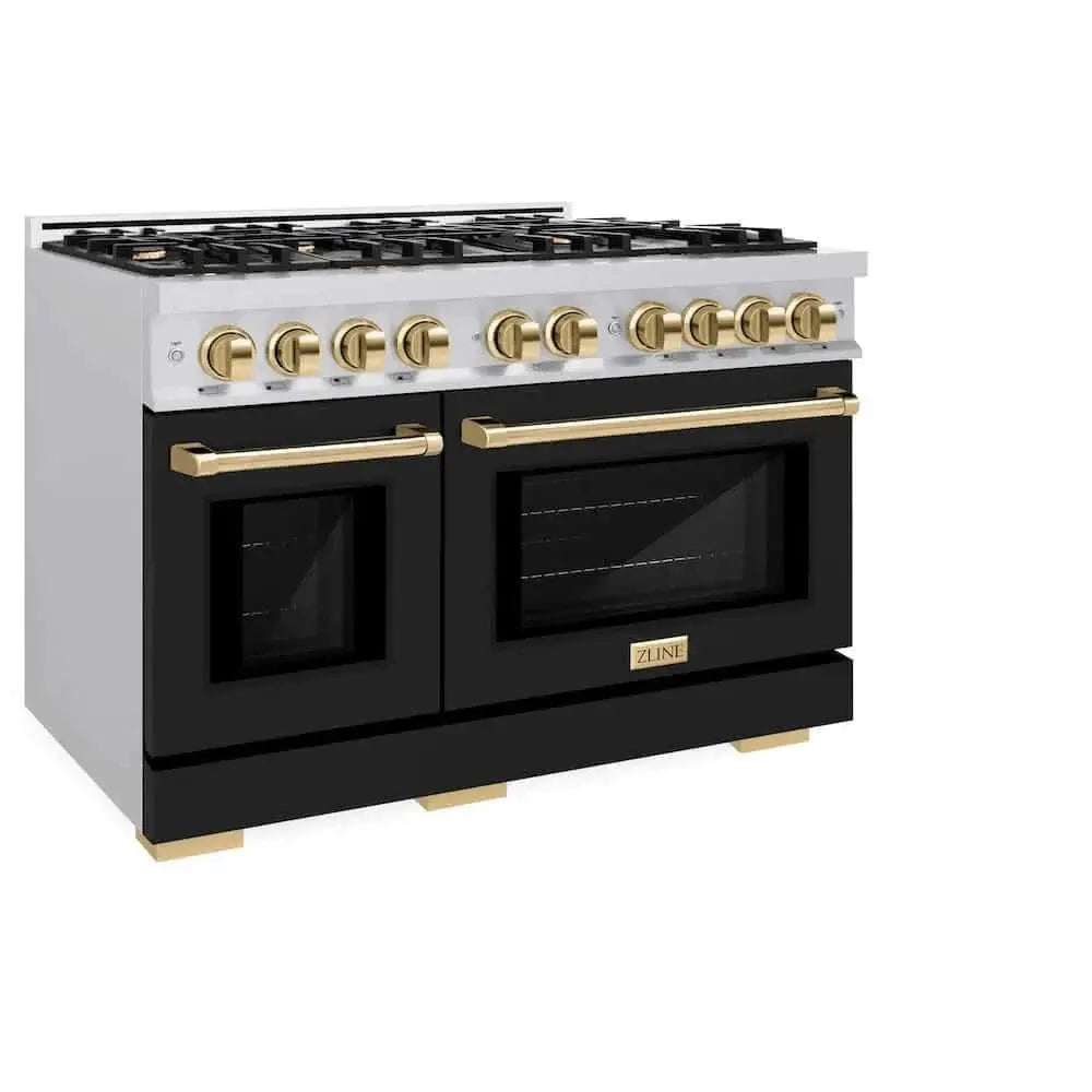 ZLINE 48" Select Gas Range Convection Gas Oven Stainless Steel Black Matte Doors Gold HGRZ-BLM-48-G by Farmhouse Kitchen and Bath