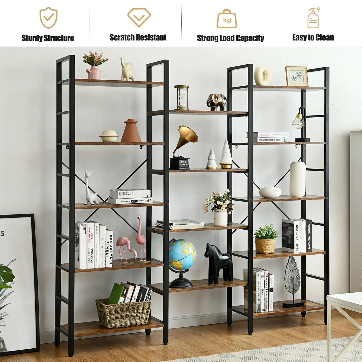 Vintage Triple Wide 5-Tier Bookcase Large Bookshelf Display Storage Shelf, photo 3 of 16