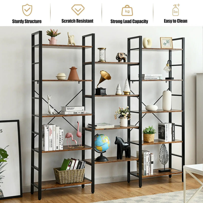 Vintage Triple Wide 5-Tier Bookcase Large Bookshelf Display Storage Shelf by DirectDeals