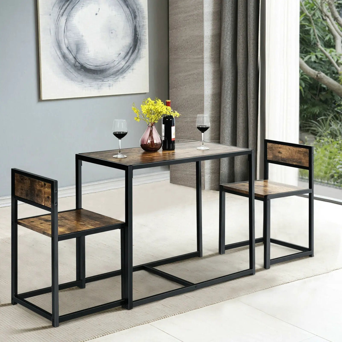 3 Pcs Dining Set Compact Table and 2 Chair with Metal Frame for for Small Space by DirectDeals