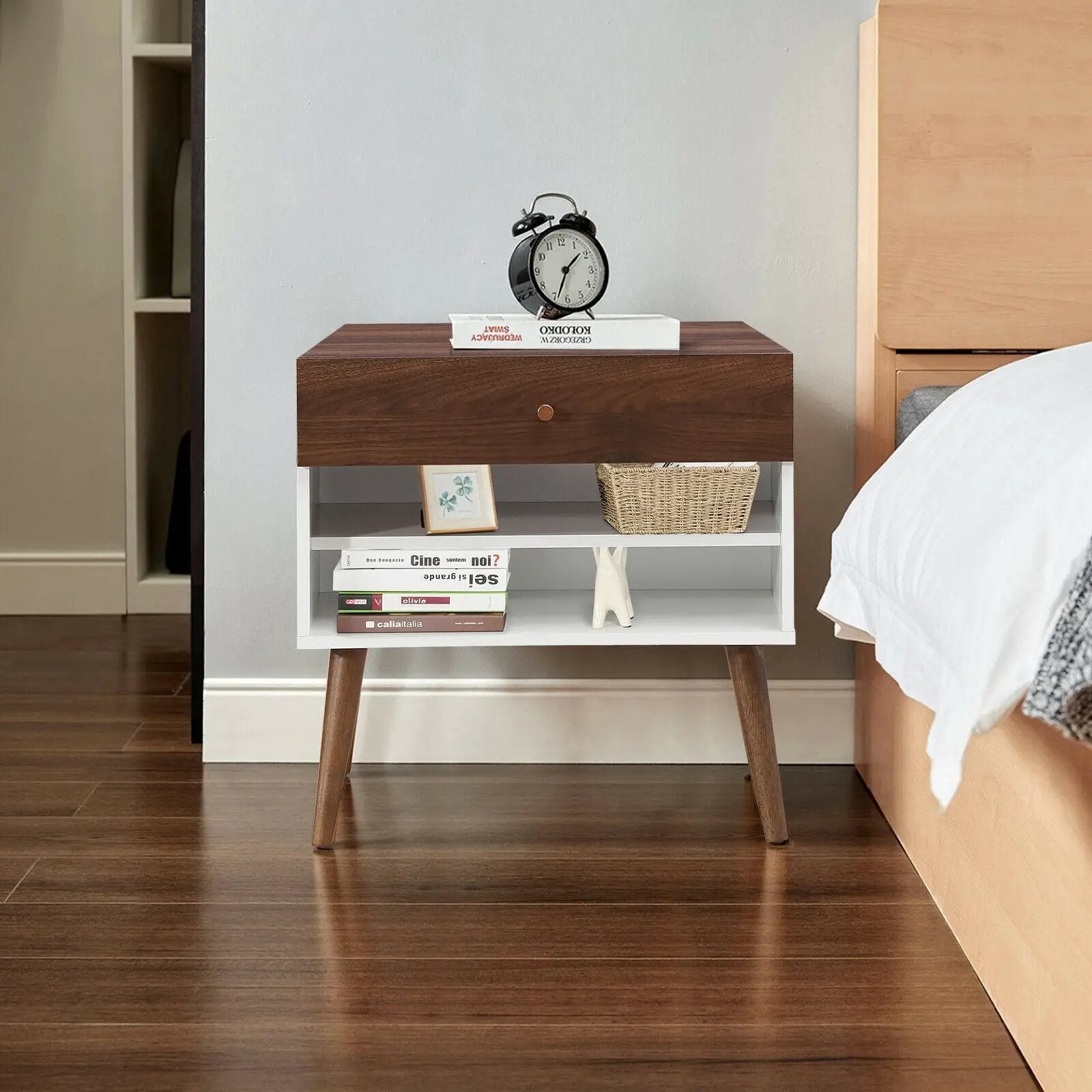 Mid-Century Nightstand with Drawer and Rubber Wood Legs by DirectDeals