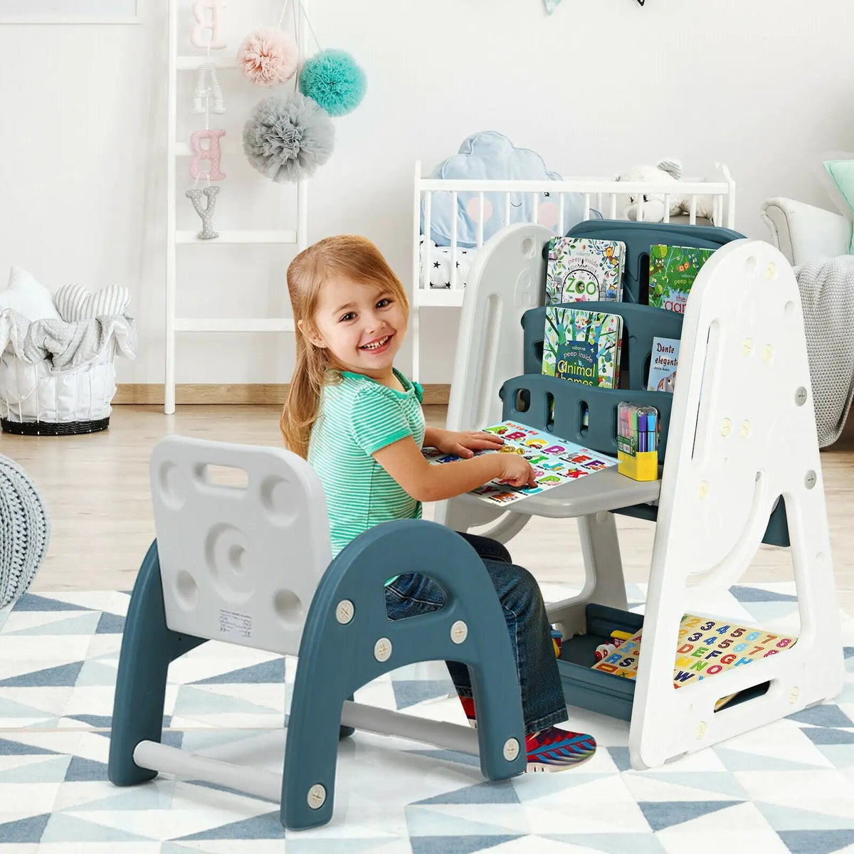 2-in-1 Kids Easel Desk Chair Set Book Rack Adjustable Art Painting Board, photo 2 of 9
